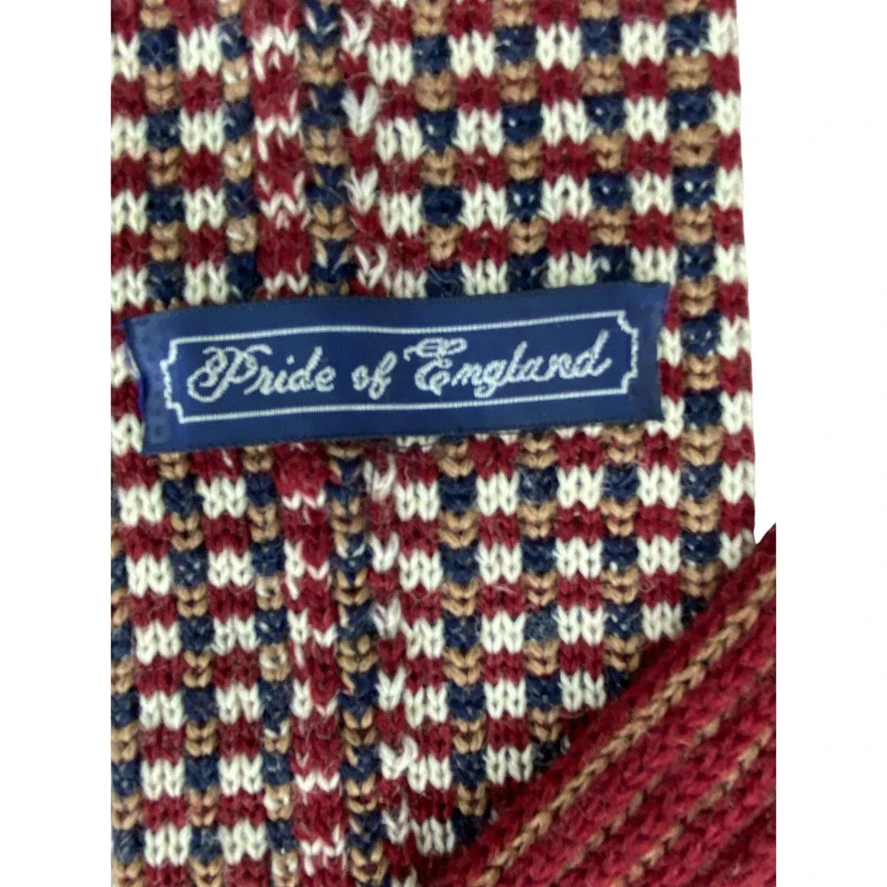 VTG Briar Pride of England Wool Knit Tie Mens Red Blue Grid Square End 52x3.5